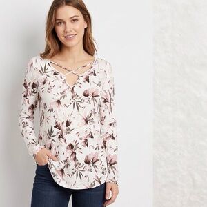 Lily Morgan White Floral Long Sleeve Relaxed Fit Criss Cross Neck Top Size L